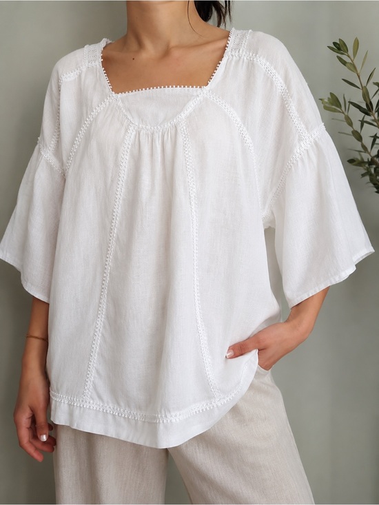 Part Two Tops - Part Two White Linen Tunic Blouse Boho Cottagecore Flutter Sleeve Size 38 M